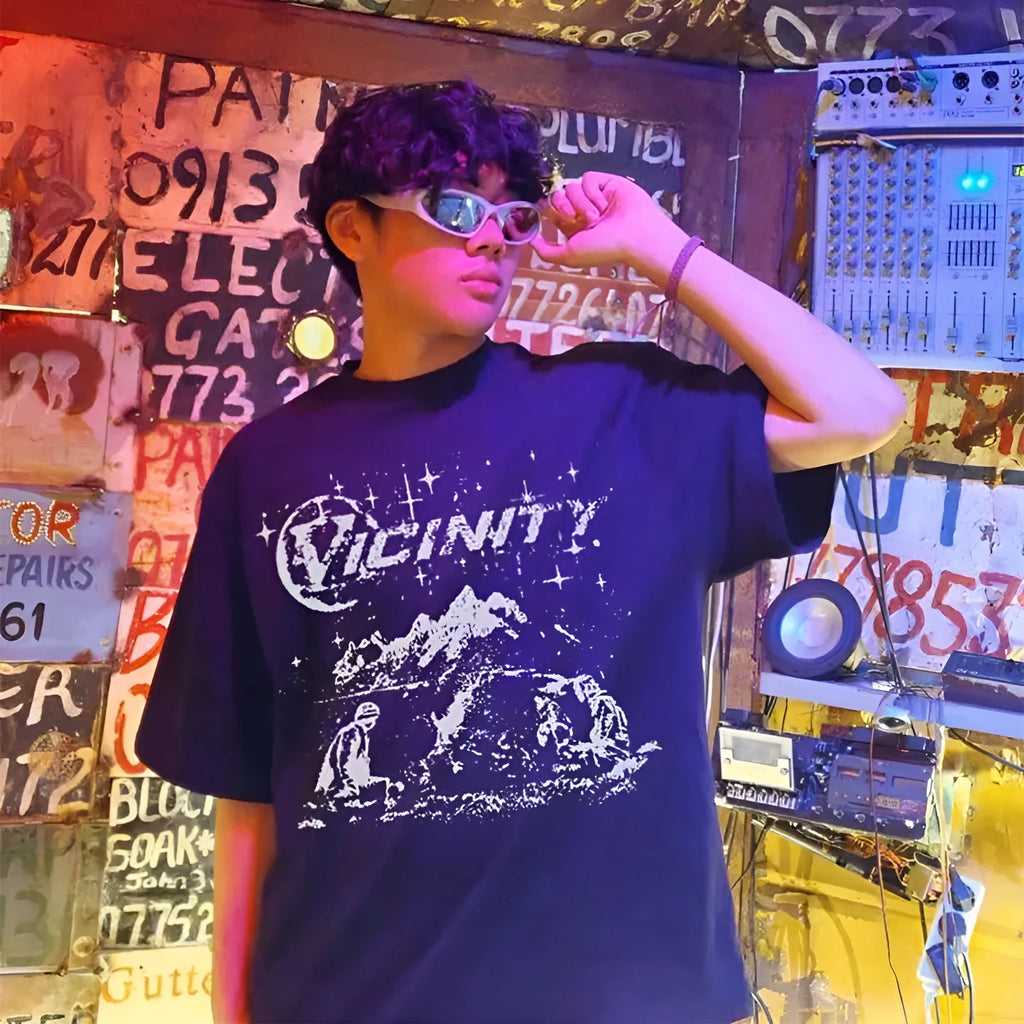 Men's loose black cotton t-shirt with Chinese style artistic retro Y2g printing
