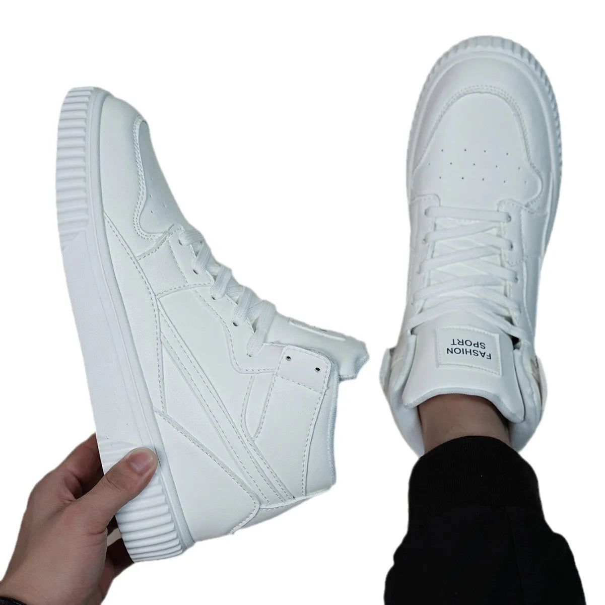 Men's solid white casual shoe with a round toe and smooth microfiber upper.
