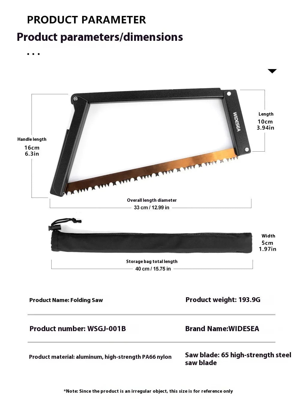 Black foldable outdoor saw with aluminium frame and nylon handle, blade folded for storage.