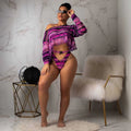 Women's snakeskin print polyester bikini set with long sleeves and shorts in purple, blue or green