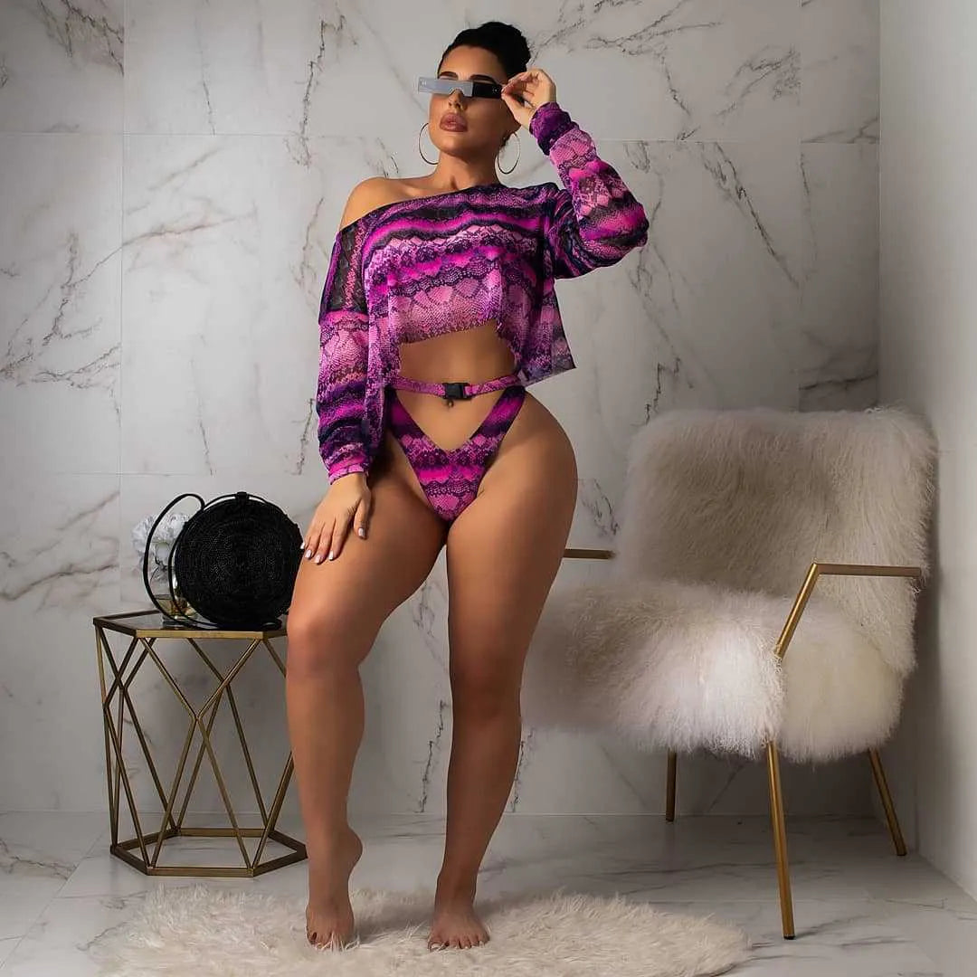 Women's snakeskin print polyester bikini set with long sleeves and shorts in purple, blue or green