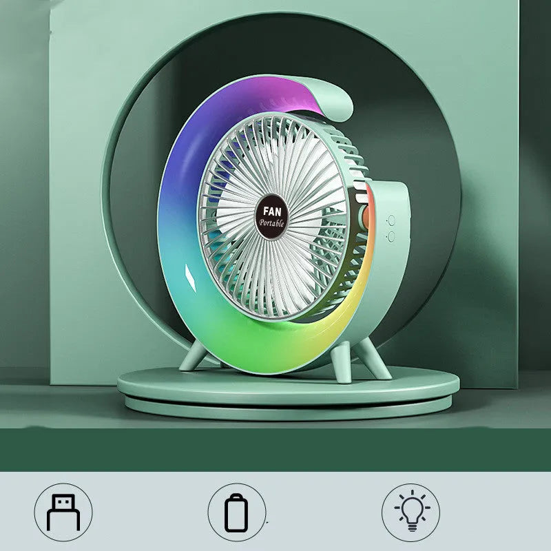 Desktop silent mini electric fan with night light and 180-degree swivel head in grass green colour