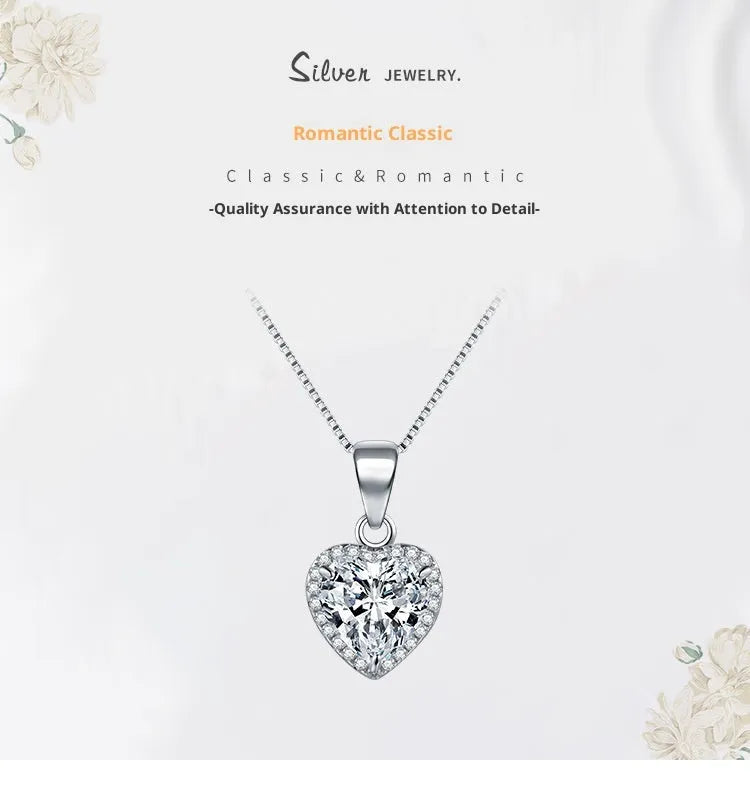 S925 silver heart-shaped zircon and diamond full diamond necklace with box chain for women