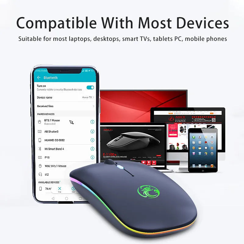 Black and white silent wireless Bluetooth mouse with luminous charging scroll wheel on a desk.