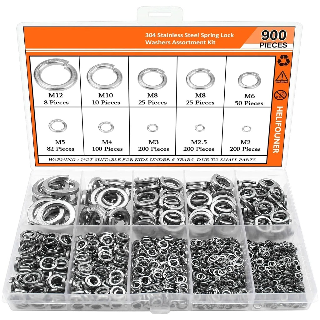 Open box showing assortment of 304 stainless steel spring lock washers in various sizes.