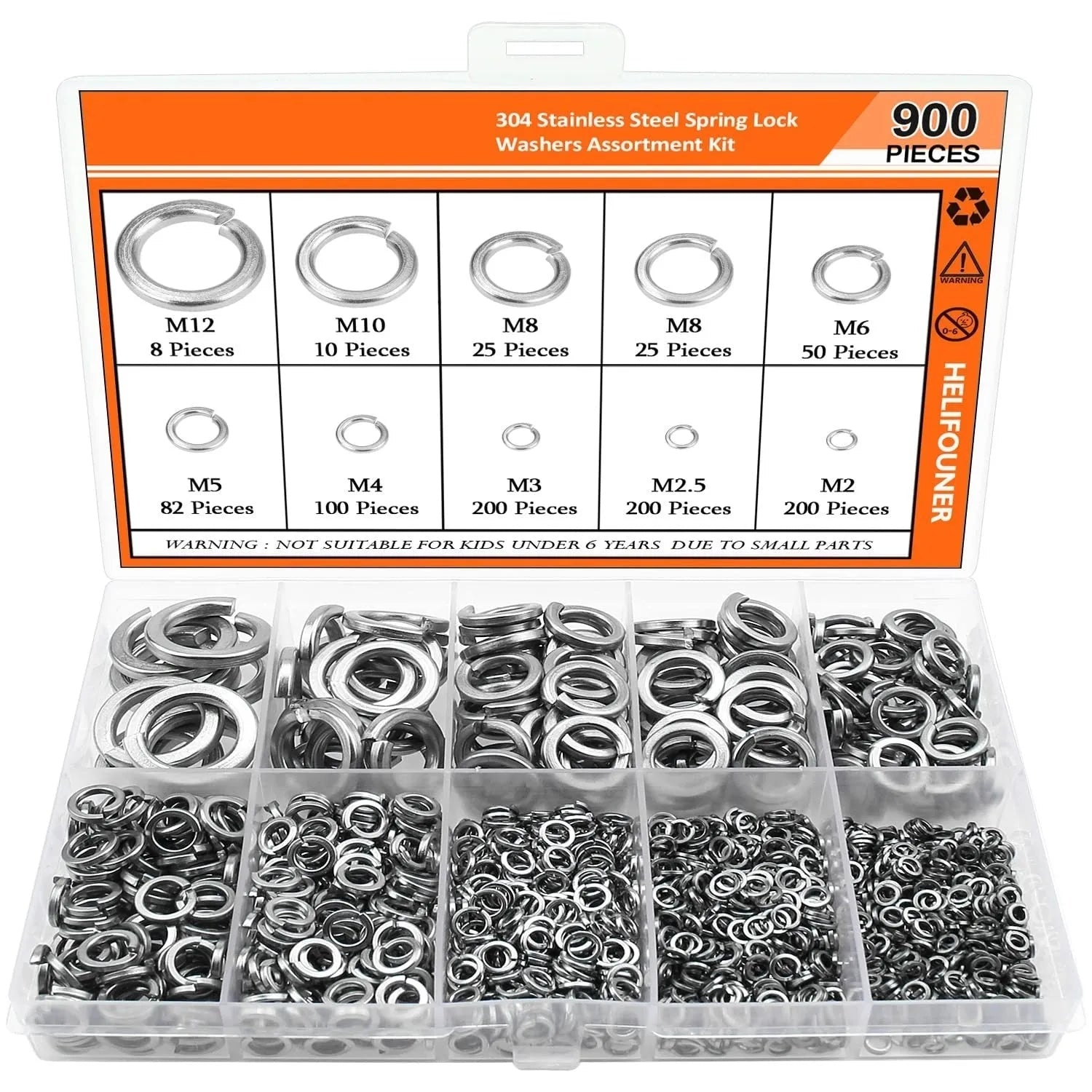 Open box showing assortment of 304 stainless steel spring lock washers in various sizes.