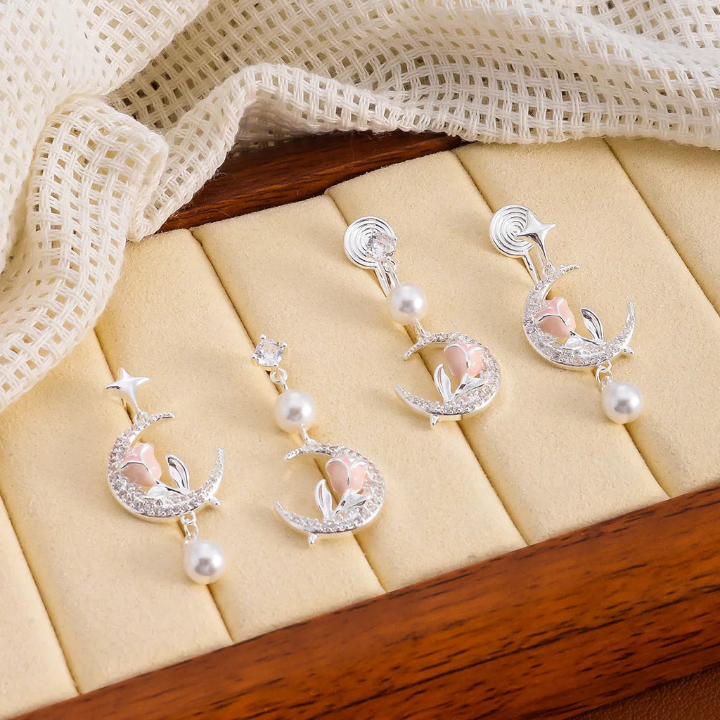 Gentle temperament rose flower earrings for women with imitation pearl and electroplated finish in SB0452 rose colour