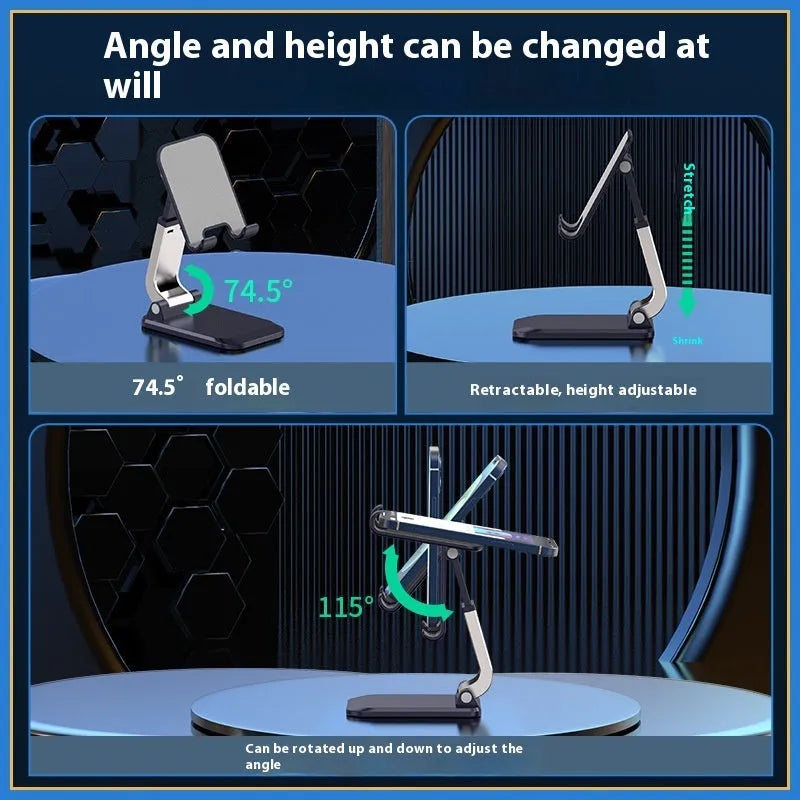Folding portable desktop phone and tablet stand in black, white, blue, or pink colour