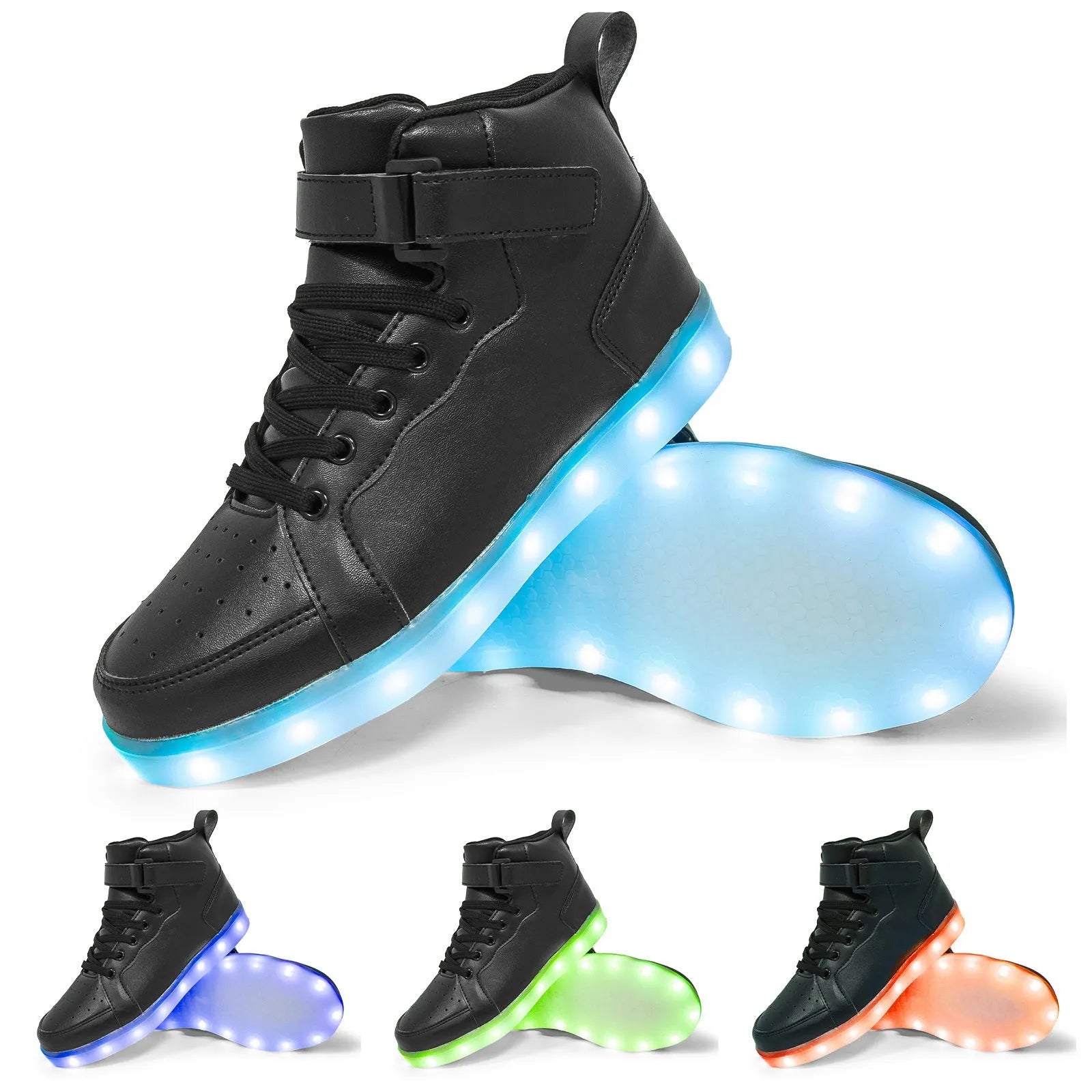 Unisex black high-top LED light-up shoes with velcro straps and glowing soles.