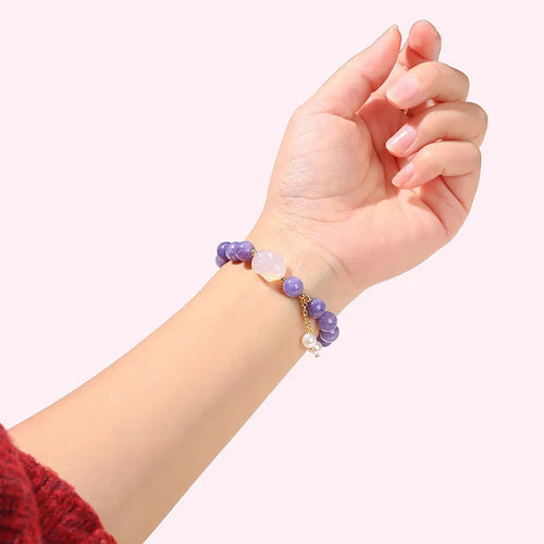 Purple aquamarine agate rabbit bracelet with geometric charm, handcrafted jewellery for women.