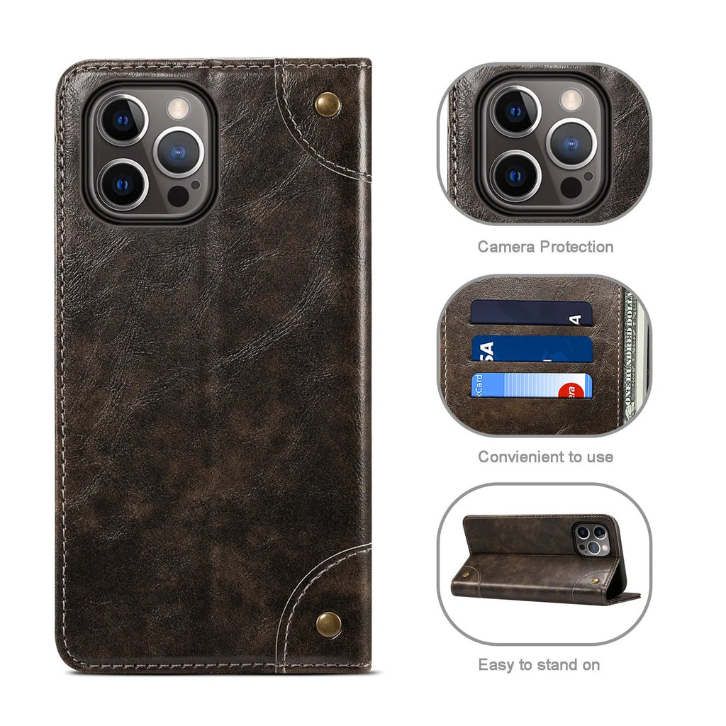 Flip magnetic card holster phone case in black, handmade PU TPU, with bracket, for iPhone 13