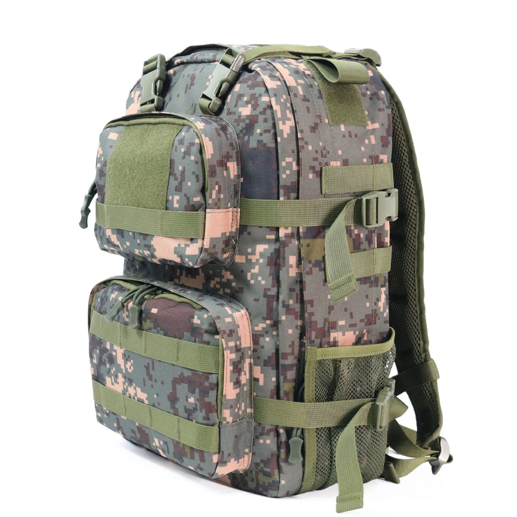 Green camouflage waterproof outdoor rucksack with black straps and a 20-litre capacity.