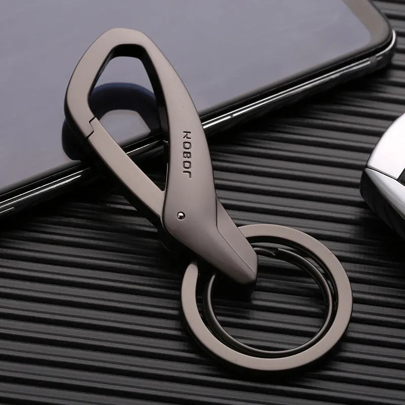 Zinc alloy double ring car key chain in black, chrome, or nickel colour with waist hanging design