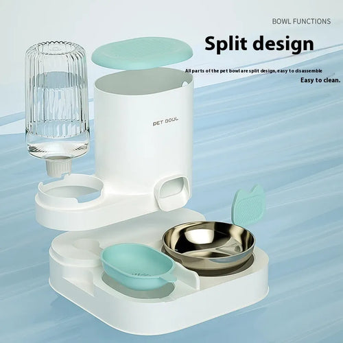 Automatic cat water fountain and food bowl combo with stainless steel dish in avocado green colour