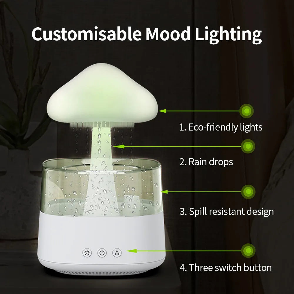Desk humidifier with raining cloud design, essential oil diffuser, and mushroom lamp night light