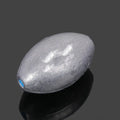 Tongxin scale olive lead fishing sinker with rugby shape and plastic core, shown in various weights.