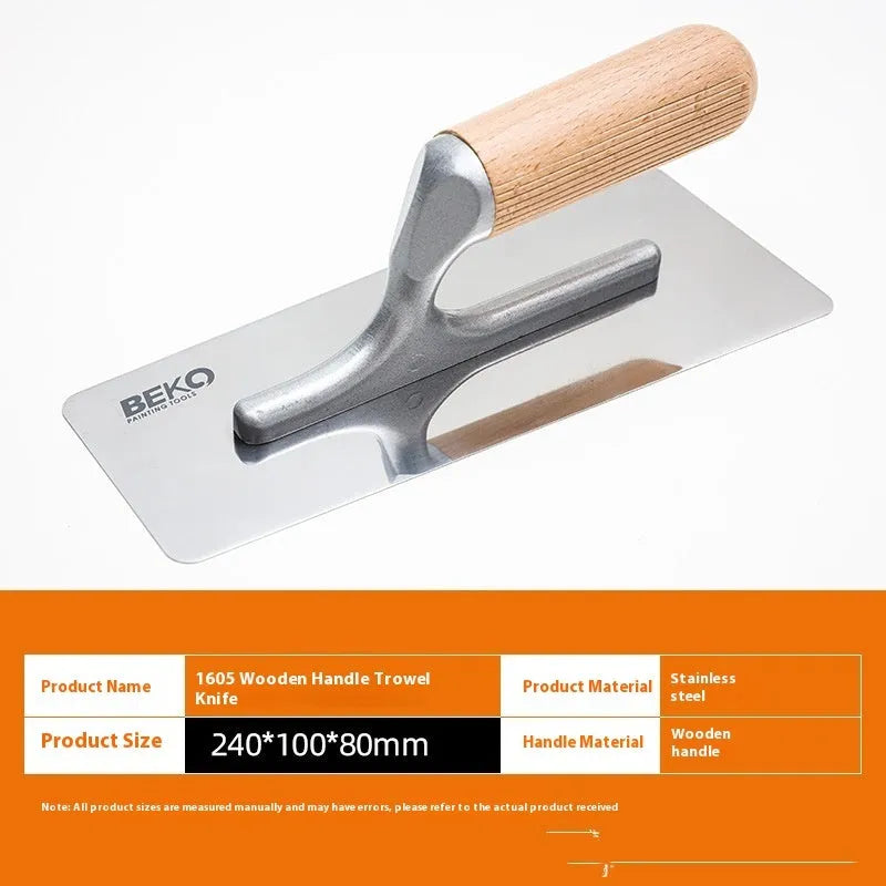 Set of three stainless steel putty scrapers with wooden handles in 70mm, 80mm, and 110mm blade sizes.