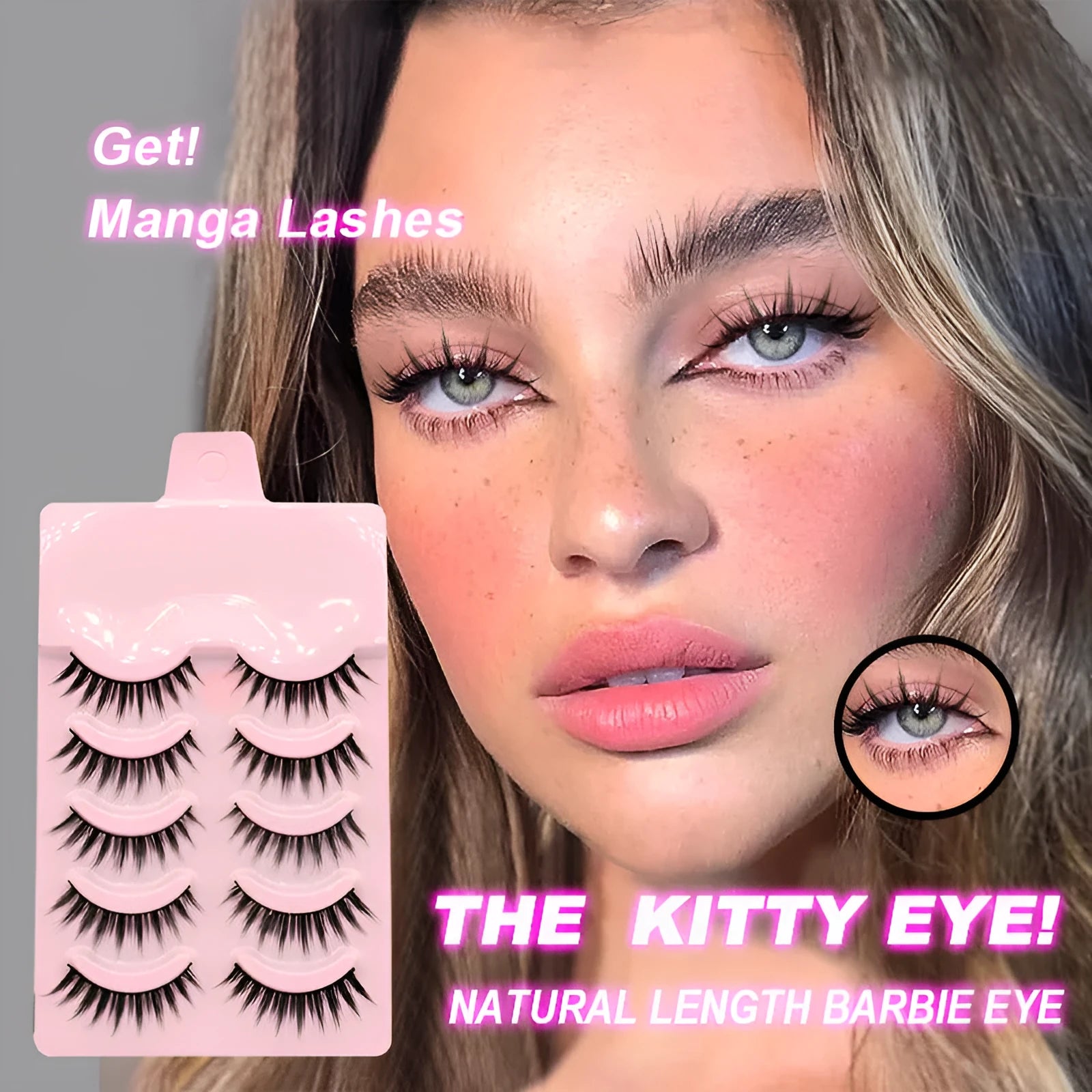 Manga cosplay false eyelashes in natural wispy styles 007, 008, and 009 with black plastic terriers