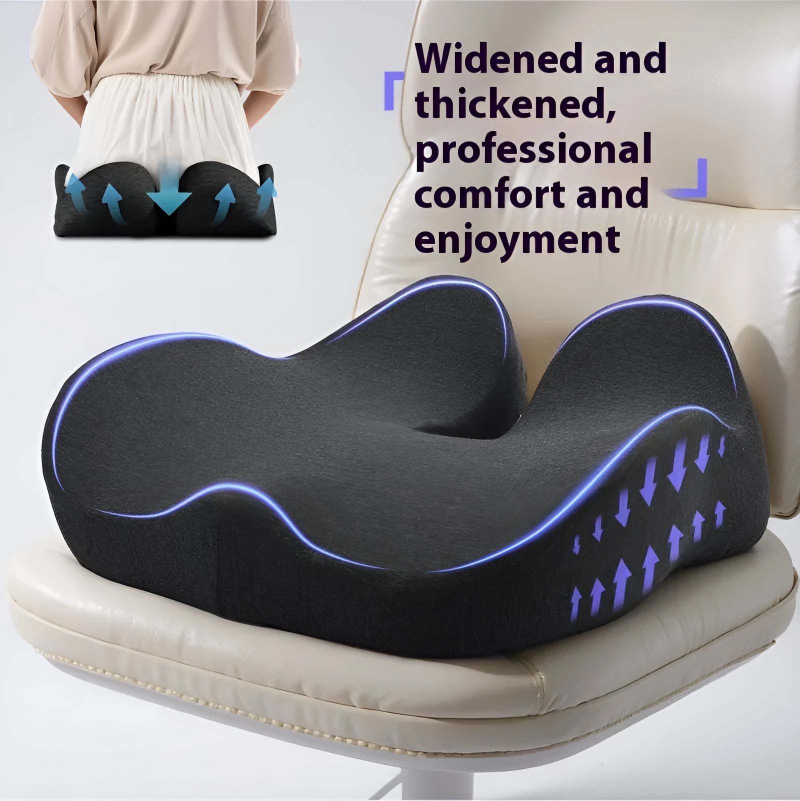 Solid-colour memory foam office chair cushion in light grey, shown on a chair.