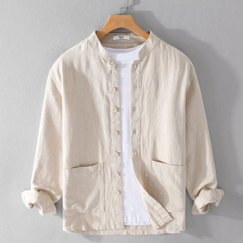 Men's retro stand collar Chinese knot button shirt coat in khaki, loose fit cardigan style