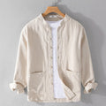 Men's retro stand collar Chinese knot button shirt coat in khaki, loose fit cardigan style