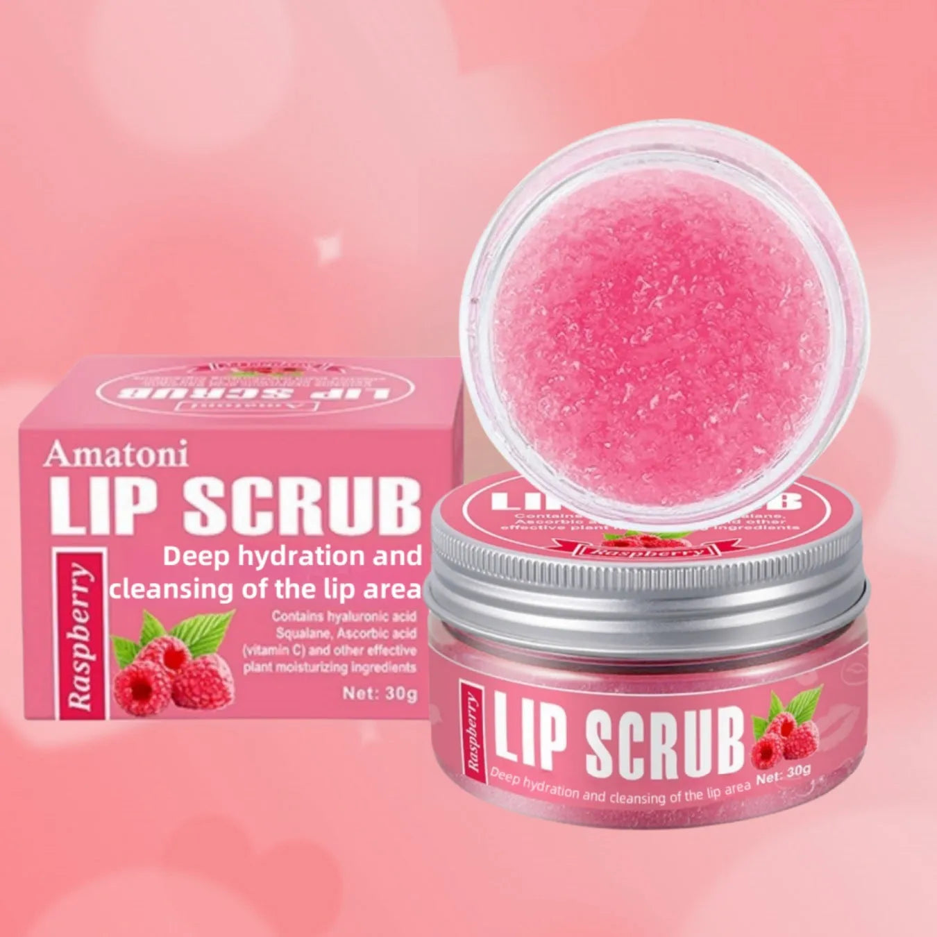 30g pot of fruit flavour lip scrub cream in coconut, raspberry, vanilla, or watermelon options