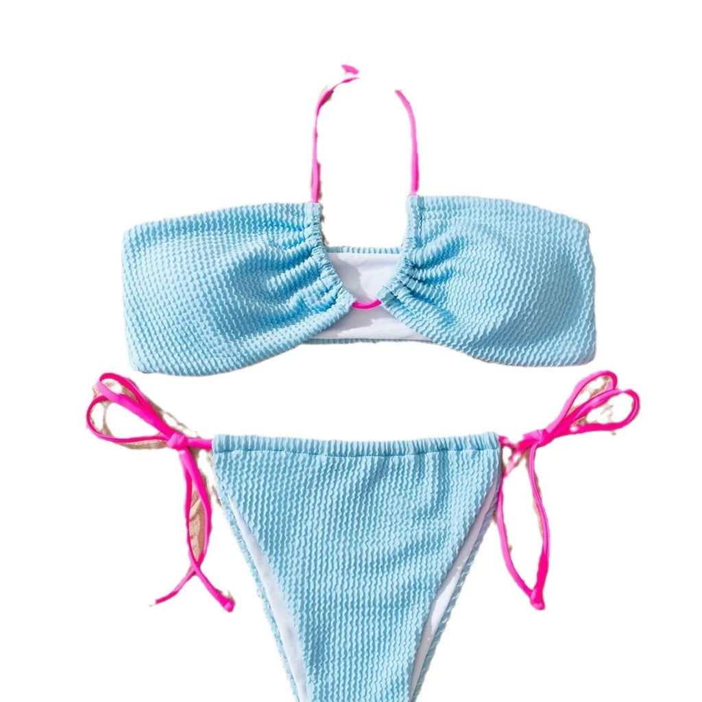 Women's halter neck separated swimsuit with lace-up detail and backless design in solid colour
