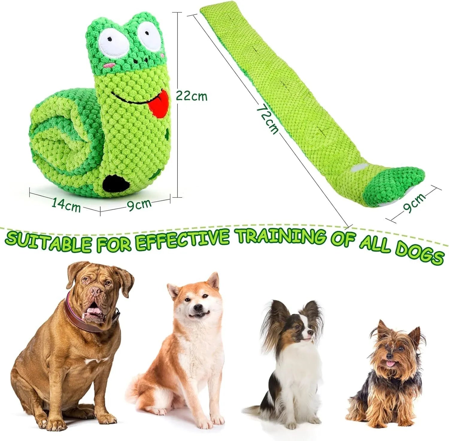 Plush velvet dog toy in transformable snail or stick shape with hidden treat holes.