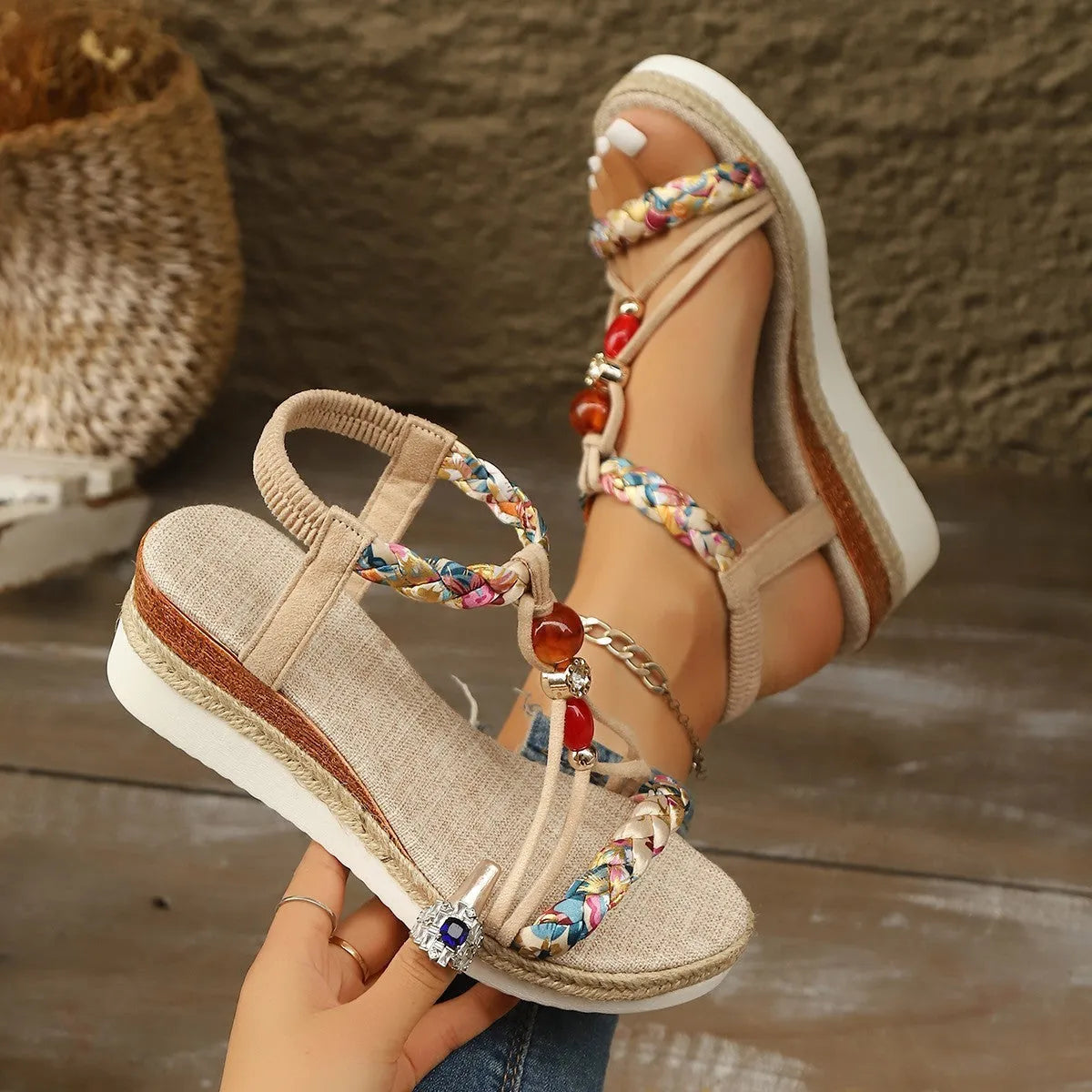 Apricot rhinestone beaded wedge high heels with platform sole, fish mouth toe, and elastic band, sizes 36-43