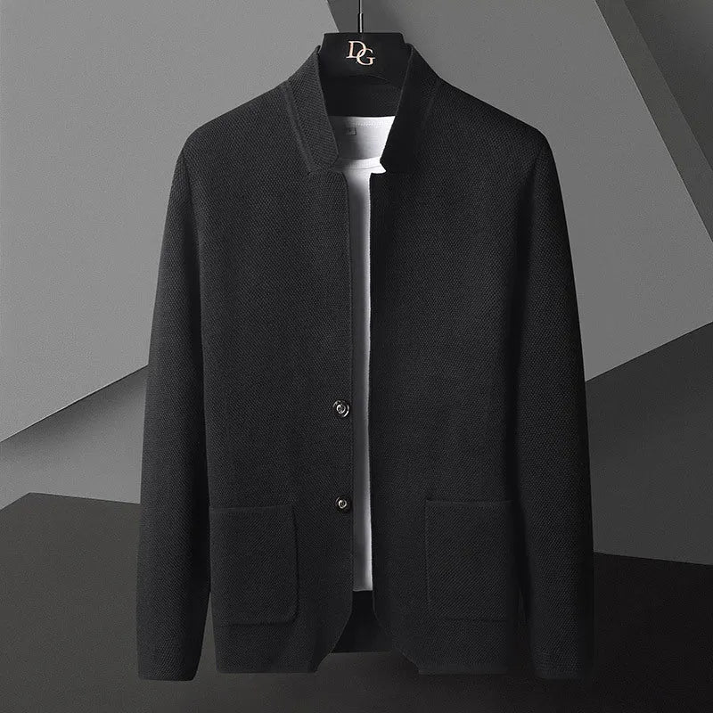 Men's pocket stand collar cardigan sweater in black with button front and front pockets