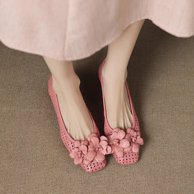 Light brown women's leather pumps with a woven hollow design and a mid heel on a beef tendon sole.