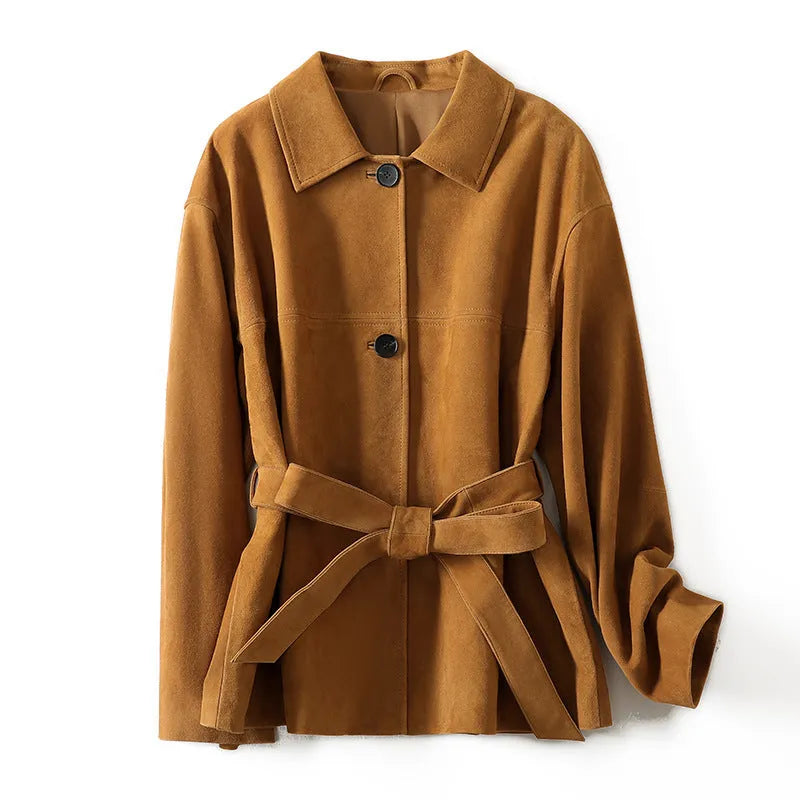 Yellow brown mid-length coat with Peter Pan collar and leather stitching on front.