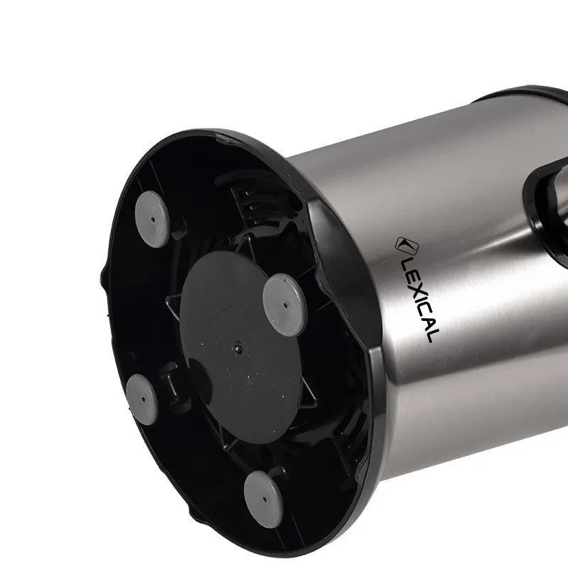 Stainless steel manual citrus juicer with vertical screw rod for lemon and orange juice separation.