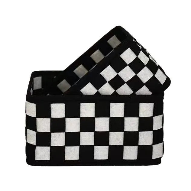 Grey checkerboard patterned folding felt storage basket with dimensions 37cm by 29cm.