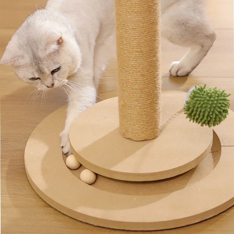 Tall, canna-coloured vertical cat climbing frame with hemp rope posts and a square platform.