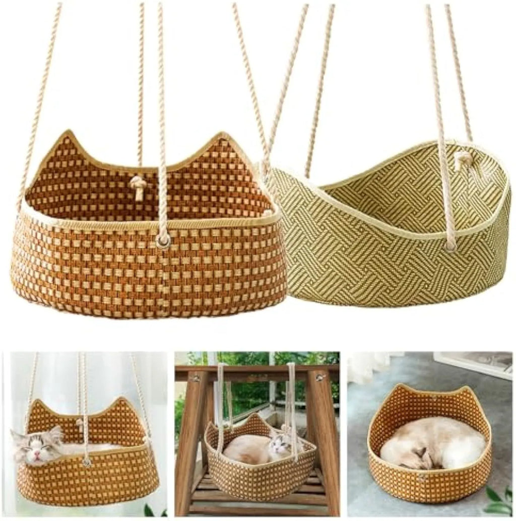 Green rattan cat hammock with cotton rope weaving and metal corner hooks