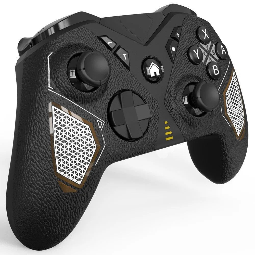 Black wireless game controller with ergonomic handles and leather-like texture, shown with Type-C cable