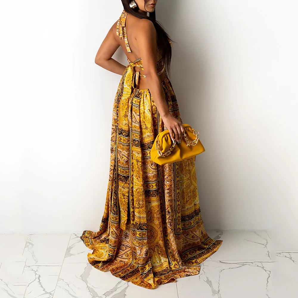 Sleeveless printed halter split dress in yellow brown, mid waist long skirt, polyester, front view