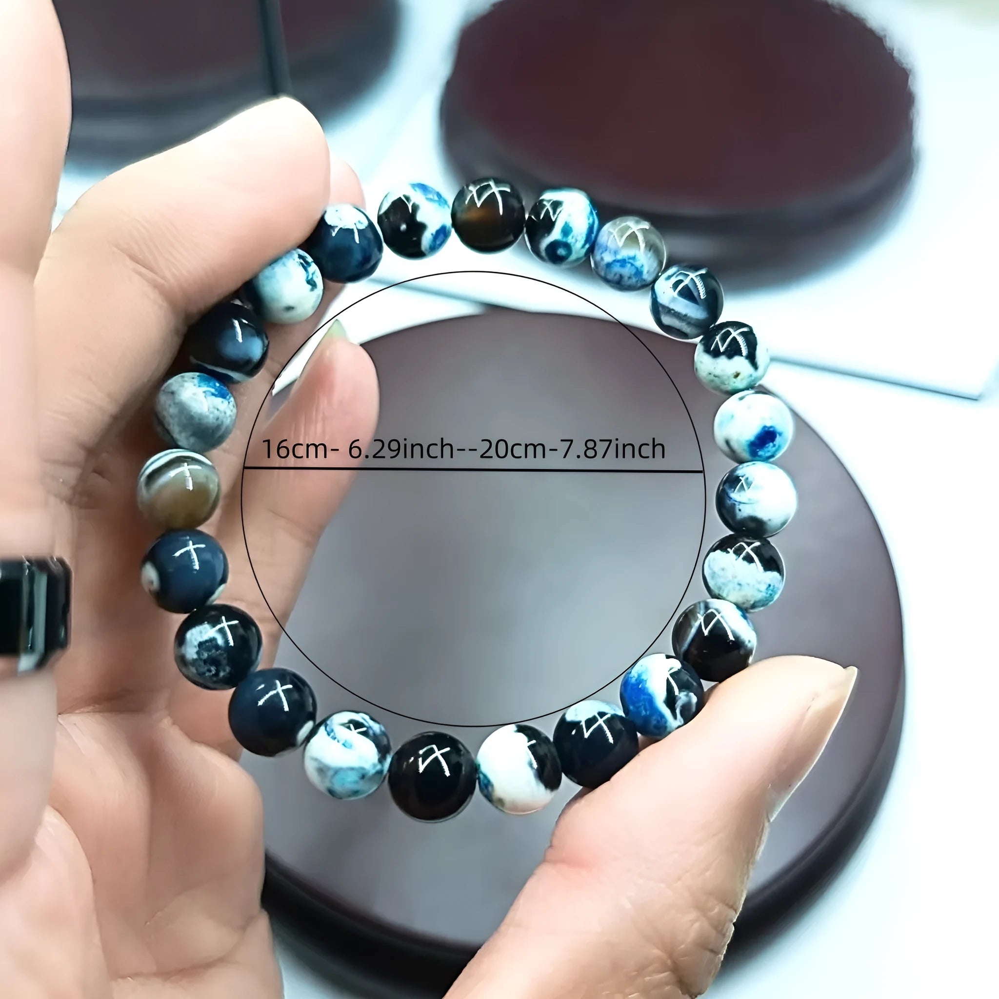 Women's bracelet with 8mm natural agate beads, Bohemian styling, glass and coloured glaze materials
