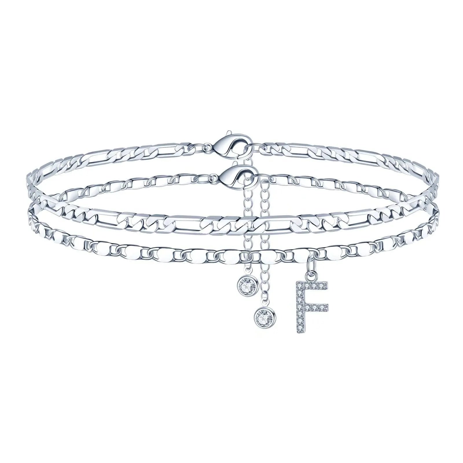 Silver-coloured double-circle bead copper anklet showing alphabet letter modelling on ankle.
