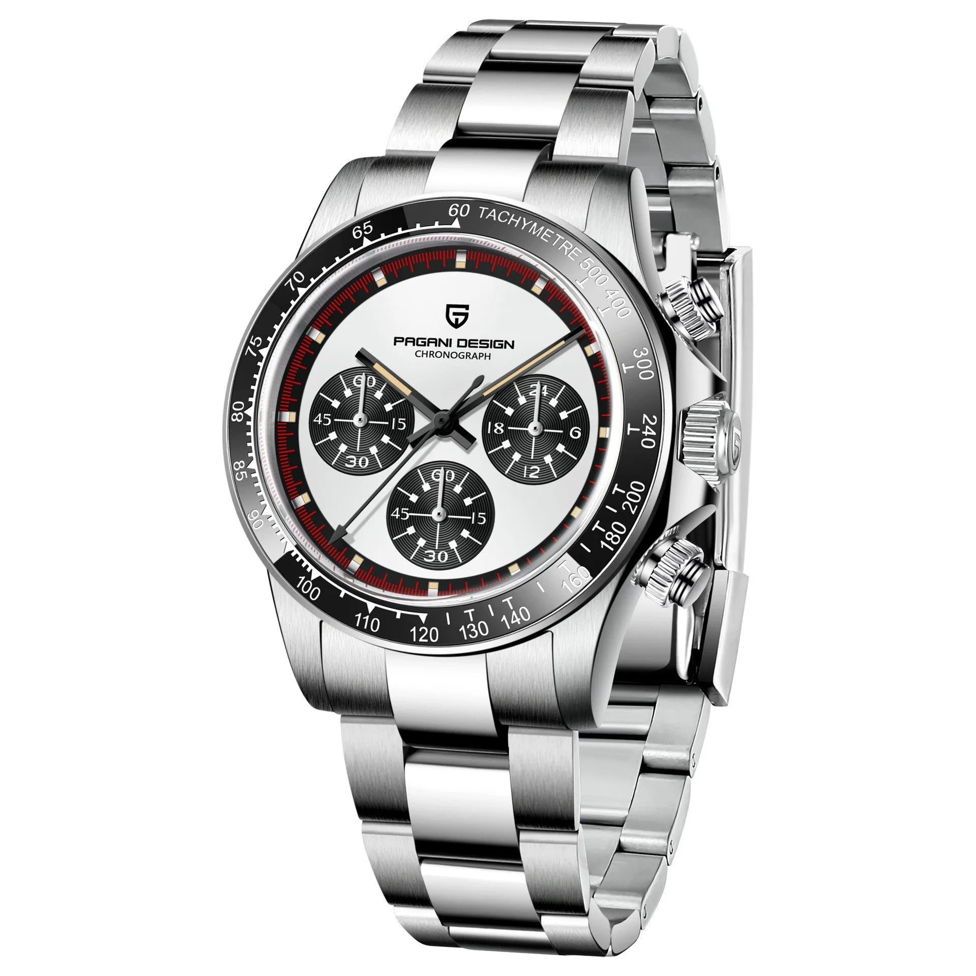 Berjani stainless steel chronograph watch with 40mm case and black or white dial