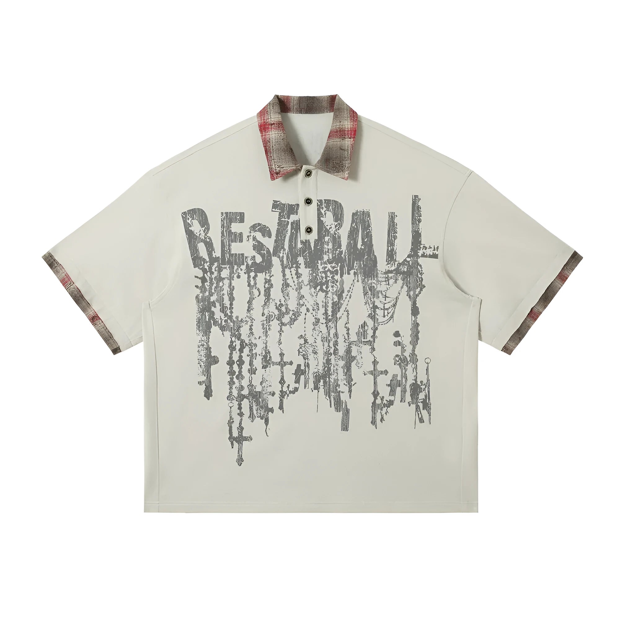 Men's loose blue cotton short-sleeve top with asymmetric cut and graffiti print on lapel.