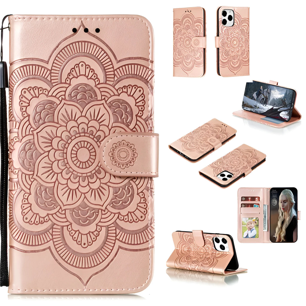 Mandala iPhone leather case with card slot, lanyard, bracket and magnetic suction in TPU PU, available in eight colours.