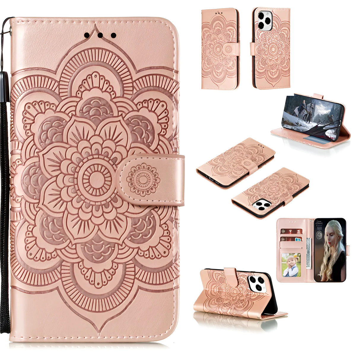 Mandala iPhone leather case with card slot, lanyard, bracket and magnetic suction in TPU PU, available in eight colours.