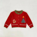 Children's cotton cardigan in French red with long sleeves, crew neck and single-breasted front, mid-length spring top