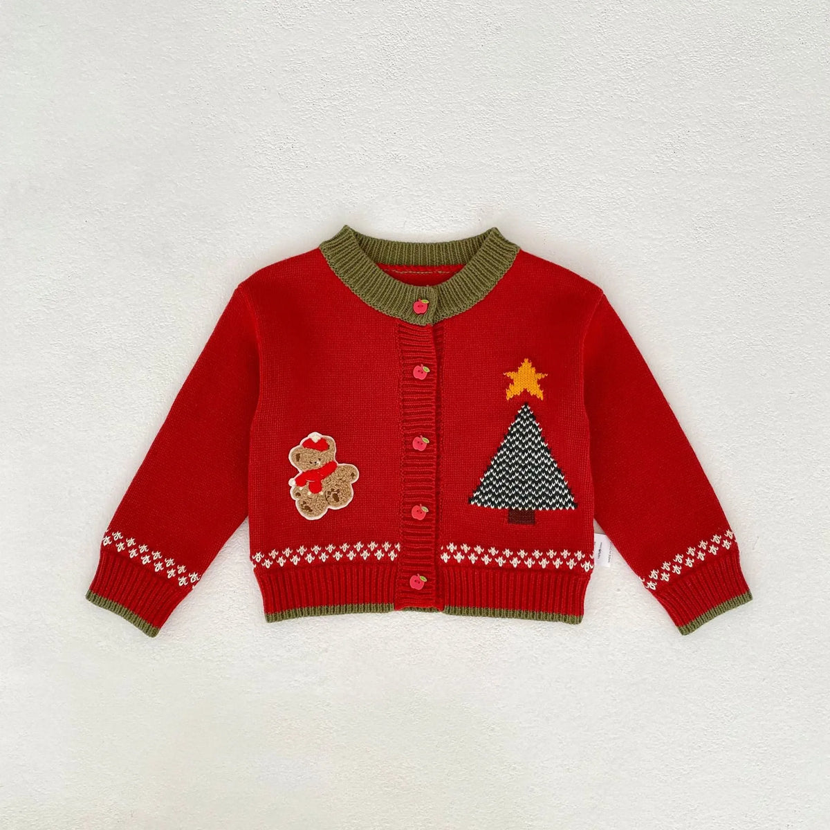 Children's cotton cardigan in French red with long sleeves, crew neck and single-breasted front, mid-length spring top