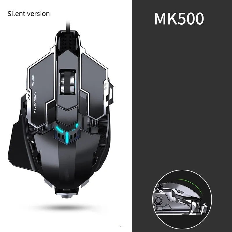 Forerunner MK500 wired gaming mouse in metallic black with metal-weighted 144g body and 7 programmable keys