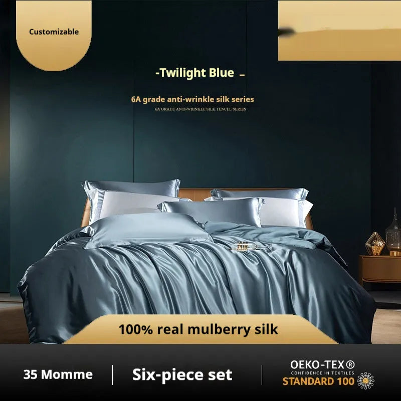 Household Fashion solid colour silk quilt cover set with two pillowcases on a bed