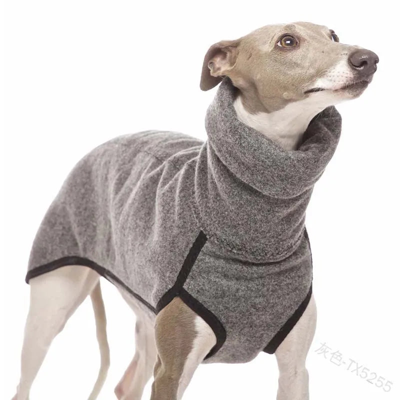 Warm high-collar dog coat in bunny fleece, available in multiple colours including black, brown, and army green, sizes S to XXXXXL