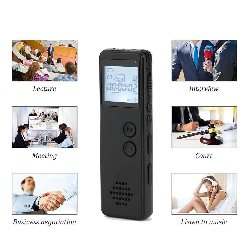 Black matte-finish MP3 digital voice recorder showing screen, recording button, and compact size of 88mm x 33mm.